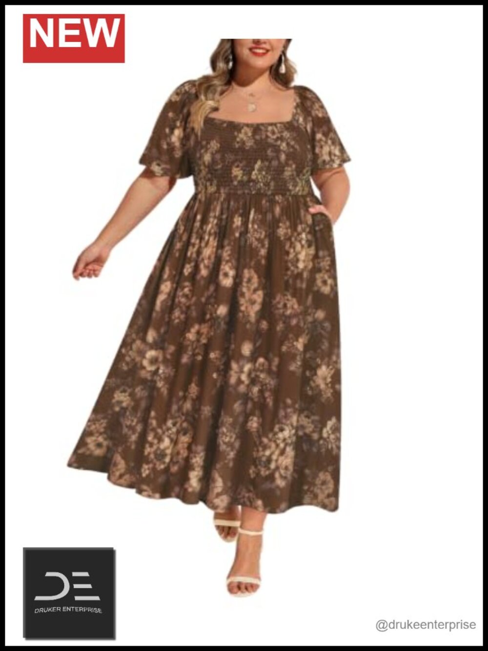 Plus Size Smocked Maxi Dress Floral Square Neck Short Sleeve